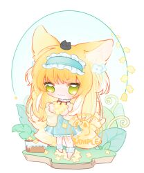 Rule 34 | 1girl, :3, animal ear fluff, animal ears, ankle cuffs, arknights, barefoot, blonde hair, blue hairband, blue skirt, blush, cardigan, chibi, chinese commentary, commentary request, creature, creature on head, flower, fox ears, fox girl, fox tail, frilled hairband, frills, green eyes, hairband, heixiu, highres, holding, holding flower, kitsune, kyuubi, long hair, long sleeves, luo xiaohei, luo xiaohei zhanji, multiple tails, shirt, skirt, standing, suzuran (arknights), tail, transparent background, white shirt, yellow cardigan, zhi ma zhi zhi