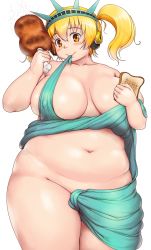 Rule 34 | 1girl, belly, bikini, blonde hair, blush, boned meat, bread slice, breasts, breasts apart, brown eyes, covered erect nipples, cowboy shot, fat, food, hair between eyes, head tilt, headphones, highres, huge breasts, looking at viewer, meat, navel, nitroplus, orizen, plump, solo, standing, statue of liberty, super pochaco, swimsuit, thick arms, thick thighs, thighs, toast, twintails, white background