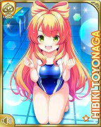 Rule 34 | 1girl, bare shoulders, barefoot, blue one-piece swimsuit, bow, card (medium), character name, day, fang, girlfriend (kari), green eyes, hair bow, indoor pool, indoors, kneeling, official art, one-piece swimsuit, open mouth, orange hair, poolside, qp:flapper, smile, swimsuit, tagme, tile floor, tiles, toyonaga hibiki