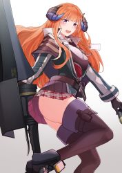 Rule 34 | 1girl, absurdres, arknights, bagpipe (arknights), black footwear, black gloves, blush, boots, breasts, commentary, gloves, gradient background, grey background, highres, horns, k0ng, lance, long sleeves, looking at viewer, medium breasts, miniskirt, open mouth, orange hair, plaid, plaid skirt, polearm, red skirt, skirt, solo, thighhighs, thighs, weapon, white background