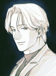 Rule 34 | 1boy, closed mouth, commentary, english commentary, highres, jacket, johan liebert, looking at viewer, male focus, monster (manga), nashi y, parted bangs, portrait, short hair, simple background, smile, solo, sweater, turtleneck, turtleneck sweater, upper body