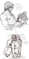 Rule 34 | 2boys, anal, bara, blush, cassidy (overwatch), comic, hand on head, hanzo (overwatch), male focus, male penetrated, moaning, monochrome, multiple boys, overwatch, overwatch 1, sex, white background, wince, yaoi