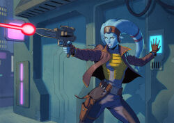 Rule 34 | 1girl, absurdres, alien, belt, blue skin, brown gloves, brown jacket, city, clenched teeth, colored skin, fingerless gloves, gloves, grey jumpsuit, gun, highres, holding, holding gun, holding weapon, holster, jacket, jumpsuit, lekku (anatomy), omercan cirit, open clothes, open jacket, outdoors, science fiction, solo, standing, star wars, star wars unlimited, teeth, thigh holster, twi&#039;lek, two-tone jumpsuit, weapon, yellow eyes, yellow jumpsuit