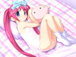 Rule 34 | 1girl, bed, bow, curled up, fetal position, hair bow, lying, mutsumi masato, no shoes, only you, only you recross, panties, sleeveless, solo, tendou raimu, twintails, underwear