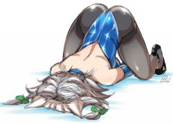 Rule 34 | 1girl, ass, back, backless leotard, backless outfit, bare shoulders, black pantyhose, braid, choker, elbow gloves, face down, faceplant, female focus, full body, gloves, izayoi sakuya, leotard, maid headdress, pantyhose, short hair, silver hair, simple background, sketch, solo, tajima yuuki, thighband pantyhose, top-down bottom-up, touhou, white background