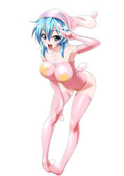 Rule 34 | 1girl, aqua eyes, aqua hair, breasts, condom, elbow gloves, gloves, hat, large breasts, open mouth, original, short hair, simple background, smile, solo, star (symbol), thighhighs, tomomimi shimon, v, white background