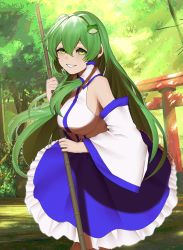 Rule 34 | 1girl, absurdres, ahoge, bad id, bad twitter id, bamboo, bare shoulders, blue skirt, bobby36446329, breasts, day, detached sleeves, eyebrows hidden by hair, frog hair ornament, green eyes, green hair, grin, hair ornament, hair tubes, highres, holding, holding stick, kochiya sanae, large breasts, long hair, looking at viewer, outdoors, shirt, skirt, smile, solo, stick, torii, touhou, tree, very long hair, white shirt