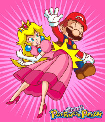 Rule 34 | 1boy, 1girl, blonde hair, blue eyes, brown hair, crown, dress, earrings, elbow gloves, facial hair, gloves, hand up, hat, heart, hip attack, jewelry, long hair, long sleeves, looking at another, looking at viewer, looking down, mario, mario (series), nintendo, open mouth, overalls, parody, patricia segovia, pink dress, princess peach, puffy short sleeves, puffy sleeves, sergevirusx, short hair, short sleeves, siblings, smile, standing, style parody, super mario bros. 1, super princess peach, sweat, white gloves