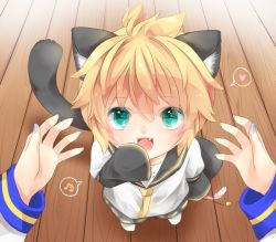 Rule 34 | 1boy, animal ears, bell, blonde hair, cat boy, cat ears, cat tail, chibi, fang, full body, green eyes, hachimitsu (127032), hand to own mouth, heart, kagamine len, kaito (vocaloid), kemonomimi mode, male focus, musical note, open mouth, pov, shirt, short hair, shorts, sleeves past wrists, smile, solo, tail, vocaloid