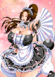 Rule 34 | 1girl, apron, bare shoulders, breasts, brown eyes, brown hair, cleavage, dead or alive, dead or alive 5, covered erect nipples, fant, fatal fury, female focus, hair ornament, huge breasts, long hair, looking at viewer, maid, maid headdress, mifune seijirou, one eye closed, open mouth, petals, ponytail, shiranui mai, skirt, snk, solo, standing, the king of fighters, thighs, waist apron, wink