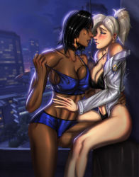 Rule 34 | 2girls, against wall, architecture, asymmetrical docking, bare shoulders, black bow, black bra, black hair, black panties, blonde hair, blue eyes, blue shorts, blush, bow, bow panties, bra, braid, breast press, breasts, brown eyes, brown lips, building, buttons, cameltoe, city, city lights, cityscape, cleavage, cloud, collarbone, covered erect nipples, crop top, dark-skinned female, dark skin, emblem, eye of horus, face-to-face, facial mark, facial tattoo, fingernails, groin, hair ornament, hair tie, hair tubes, hand on another&#039;s back, hand on another&#039;s stomach, hand up, highleg, highleg panties, highres, lace, lace-trimmed bra, lace-trimmed panties, lace trim, large breasts, leg between thighs, lipstick, logo, long fingernails, looking at another, makeup, mercy (overwatch), multiple girls, navel, night, night sky, open clothes, open shirt, outdoors, overwatch, overwatch 1, panties, parted lips, pharah (overwatch), pink lips, ponytail, rooftop, shirt, short hair, short shorts, shorts, side braids, signature, sitting, skin tight, skirt, sky, skyscraper, sleeveless, sportswear, stomach, strap pull, tattoo, taut clothes, ultamisia, underwear, very dark skin, white skirt, wing print, yuri
