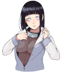 Rule 34 | 1girl, black hair, blunt bangs, bodysuit, bodysuit under clothes, breasts, cleavage, cropped torso, embarrassed, fishnet bodysuit, fishnets, highres, hood, hood down, hoodie, hyuuga hinata, kobaji, large breasts, long hair, looking at viewer, md5 mismatch, naruto, naruto (series), naruto shippuuden, no bra, open mouth, purple eyes, resolution mismatch, see-through, simple background, solo, source larger, surprised, unzipped, upper body, white background, zipper, zipper pull tab