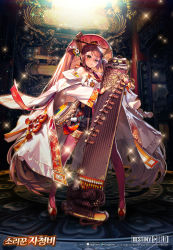 Rule 34 | 1girl, bare shoulders, breasts, brown hair, chinese hat, coat, unworn coat, destiny child, flower, guzheng, hair flower, hair ornament, hat, instrument, jacheongbi (destiny child), long hair, long sleeves, looking at viewer, music, playing instrument, small breasts, tassel, thighhighs, twintails, yellow eyes