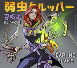 Rule 34 | 1girl, absurdres, amulet, artist name, belt, blood, bone, cape, daphne ann blake, ear piercing, earrings, english text, glowing, highres, injury, jewelry, kanji, leg belt, long hair, looking at viewer, medal, neytirix, pants, piercing, red hair, scooby-doo, scooby-doo (character), signature, solo, velma (2023)