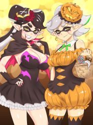 Rule 34 | 2girls, basket, black hair, black legwear, black nails, blood, blood from mouth, breasts, callie (splatoon), candy, cape, cleavage, coffin, dress, earrings, food, gloves, green lips, grey hair, grin, halloween, hand on own hip, hat, highres, huge breasts, inkling, jack-o&#039;-lantern, jewelry, large breasts, lipstick, lollipop, long hair, looking at viewer, makeup, marie (splatoon), mole, mole under eye, multiple girls, nail polish, nintendo, pink nails, pointy ears, purple lips, smile, splatoon (series), splatoon 1, stitches, taka-michi, teeth, tentacles, thighhighs, twintails