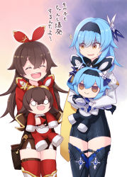 Rule 34 | 2girls, :d, ^^^, ^ ^, amber (genshin impact), baron bunny (genshin impact), black gloves, black hairband, black legwear, black shorts, blue hair, blue thighhighs, brown eyes, brown hair, brown shorts, character doll, closed eyes, eula (genshin impact), genshin impact, gloves, hair between eyes, hair ribbon, hairband, harada (sansei rain), highres, jacket, juliet sleeves, long hair, long sleeves, multiple girls, hugging object, open mouth, parted lips, puffy sleeves, red jacket, red legwear, red ribbon, ribbon, shirt, short shorts, shorts, smile, sweat, thighhighs, translation request, very long hair, white legwear, white shirt