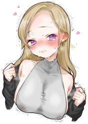 Rule 34 | 1girl, absurdres, bad id, bad pixiv id, barbell piercing, bare shoulders, blonde hair, blush, breasts, closed mouth, collarbone, covered collarbone, covered erect nipples, ear blush, earrings, heart, heart-shaped pupils, highres, hoop earrings, jewelry, long hair, looking at viewer, lst9k, nipple piercing, original, piercing, pink pupils, pinky ring, purple eyes, ring, simple background, smile, solo, sparkle, steam, steaming body, sweat, symbol-shaped pupils, trembling, turtleneck, upper body