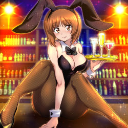 Rule 34 | 1girl, alcohol, alternate costume, animal ears, arm between legs, bar (place), beer bottle, black bow, black bowtie, black footwear, black leotard, blurry, blurry background, boots, bow, bowtie, breasts, brown eyes, brown hair, champagne, champagne flute, cleavage, closed mouth, commentary, cup, depth of field, detached collar, drinking glass, fake animal ears, fishnet pantyhose, fishnets, girls und panzer, high heel boots, high heels, indoors, legs, leotard, light, looking at viewer, medium breasts, nakahira guy, nishizumi miho, pantyhose, playboy bunny, rabbit ears, short hair, sitting, smile, solo, sparkle, strapless, strapless leotard, white bow, white bowtie, wine, wine glass, wing collar, wrist cuffs