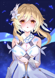 Rule 34 | 1girl, absurdres, armor, bare shoulders, black gloves, blonde hair, blush, breasts, constellation, detached sleeves, dress, feather hair ornament, feathers, flower, genshin impact, gloves, gold trim, hair flower, hair ornament, hanasaka (9769z), highres, lily (flower), looking at viewer, lumine (genshin impact), medium breasts, medium hair, open mouth, partially fingerless gloves, scarf, sidelocks, sleeveless, sleeveless dress, solo, star (sky), vambraces, white armor, white dress, white scarf, yellow eyes