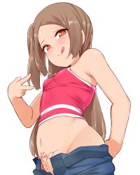 Rule 34 | 1girl, :q, bare shoulders, bebebe (pepegakii), belly, blue pants, blush, breasts, brown eyes, brown hair, clothes pull, crop top, heart, heart-shaped pupils, highres, looking at viewer, midriff, navel, no panties, one side up, open pants, original, pants, pants pull, parted bangs, pink shirt, pubic tattoo, shirt, simple background, sleeveless, sleeveless shirt, small breasts, solo, symbol-shaped pupils, tattoo, tongue, tongue out, v, white background