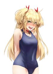 Rule 34 | 1girl, absurdres, admiral hipper (azur lane), ahoge, angry, arms behind back, azur lane, bare shoulders, blonde hair, blondy (ldlong), blue one-piece swimsuit, blush, breasts, choker, collarbone, commentary, covered navel, cowboy shot, cross, crossed bangs, embarrassed, fangs, green eyes, hair between eyes, hair ribbon, highres, iron cross, long hair, looking at viewer, medium breasts, mole, mole under eye, nose blush, one-piece swimsuit, open mouth, red choker, red ribbon, ribbon, school swimsuit, simple background, solo, standing, swimsuit, teeth, two side up, v-shaped eyebrows, white background