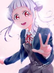 Rule 34 | 1girl, absurdres, arashi chisato, artist name, artist request, belt, blue cardigan, blue jacket, blush, bow, bowtie, breasts, buttons, cardigan, collared shirt, cropped jacket, double bun, dress, dress shirt, female focus, floating hair, grey belt, grey shirt, grey skirt, hair bun, hair tie, highres, jacket, long hair, long sleeves, looking at viewer, love live!, love live! superstar!!, miniskirt, neck ribbon, o-ring, o-ring belt, parted lips, pink background, plaid, plaid skirt, pleated, pleated skirt, red bow, red eyes, red ribbon, ribbon, school uniform, shirt, skirt, small breasts, smile, solo, twintails, v, wavy hair, white hair, white shirt, wing collar, yuigaoka school uniform