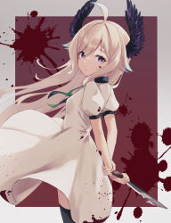 Rule 34 | 1girl, arms behind back, black thighhighs, blonde hair, blood, blood on arm, blood on clothes, blood splatter, blue hair, breasts, colored tips, dress, enna alouette, floating hair, green ribbon, head wings, highres, holding, holding knife, knife, looking at viewer, multicolored hair, nijisanji, nijisanji en, puffy short sleeves, puffy sleeves, purple eyes, ribbon, short sleeves, small breasts, solo, takechi49, thighhighs, virtual youtuber, white dress, wings