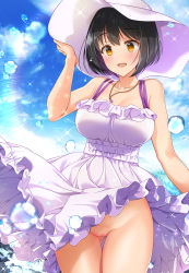 Rule 34 | 1girl, bare arms, bare shoulders, black hair, blue sky, blush, breasts, brown eyes, censored, clothes lift, cloud, collarbone, commentary request, day, dress, dress lift, frilled dress, frills, gluteal fold, groin, hand on headwear, hat, highres, idolmaster, idolmaster cinderella girls, jewelry, large breasts, mk (mod0), mosaic censoring, necklace, no panties, open mouth, outdoors, pussy, short hair, sky, sleeveless, sleeveless dress, smile, solo, sun hat, sundress, takafuji kako, white dress, white hat, wind, wind lift