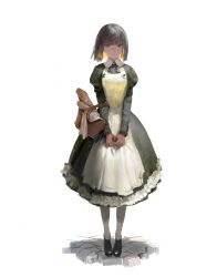 Rule 34 | 1girl, apron, attall, basket, black hair, bread, food, highres, loafers, maid, maid apron, nanbo ataru (attall), original, shoes, short hair, simple background, solo, standing, white background, white legwear