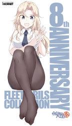 Rule 34 | 1girl, anniversary, black necktie, black pantyhose, blonde hair, blue eyes, breasts, character name, collared shirt, full body, hornet (kancolle), kantai collection, large breasts, long hair, necktie, open mouth, pantyhose, shigino sohuzi, shirt, sleeveless, sleeveless shirt, smile, solo, white shirt