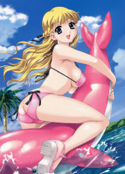 Rule 34 | 00s, 1girl, absurdres, ass, ass cutout, bikini, blonde hair, breasts, butt crack, clothing cutout, covered erect nipples, dolphin, fingernails, game cg, happoubi jin, highres, inflatable dolphin, inflatable toy, long hair, pink theme, resort boin, sideboob, solo, swimsuit, tsukushino mitsugu