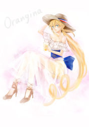 Rule 34 | 11spring, 1girl, bad id, bad pixiv id, bare shoulders, blonde hair, blue eyes, bow, corset, drink, drinking straw, hat, high heels, holding, holding clothes, holding hat, long hair, long skirt, orangina, personification, ponytail, see-through, skirt, solo, sun hat, very long hair
