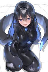 Rule 34 | 1girl, absurdres, black bodysuit, black hair, blue eyes, blue hair, bodysuit, breasts, covered collarbone, covered navel, from above, hair between eyes, hands on floor, highres, lactucalove, large breasts, latex, latex bodysuit, leaning back, light blush, long hair, looking at viewer, naughty face, on floor, original, retasu (lactuca810), shiny clothes, solo, tail, teeth, thick thighs, thighs, tongue, tongue out, upper teeth only, white background