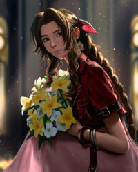Rule 34 | 1girl, aerith gainsborough, artist name, bangle, bouquet, bracelet, braid, braided ponytail, brown hair, church, cropped jacket, dress, final fantasy, final fantasy vii, final fantasy vii remake, flower, green eyes, hair ribbon, holding, holding bouquet, hollizho, indoors, jacket, jewelry, long dress, long hair, looking at viewer, parted bangs, pink dress, pink ribbon, red jacket, ribbon, short sleeves, sidelocks, signature, sitting, smile, solo, square enix, wavy hair, white flower, yellow flower
