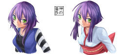 Rule 34 | 1girl, borrowed character, breasts, eudetenis, green eyes, isabelle (acerailgun), japanese clothes, kimono, long hair, multiple views, original, purple hair, simple background, smile, striped, striped sleeves, upper body, variations, white background