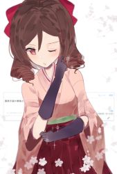 Rule 34 | 1girl, black gloves, bow, brown hair, commentary request, cowboy shot, drill hair, gloves, hair bow, hakama, hakama skirt, harukaze (kancolle), highres, japanese clothes, kantai collection, kimono, long hair, looking at viewer, meiji schoolgirl uniform, one eye closed, pink kimono, qqqmei, red bow, red eyes, red hakama, skirt, solo, twin drills, white background