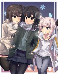 3girls absurdres black_hair black_pantyhose blunt_bangs blush border brown_eyes brown_hair casual closed_mouth coat commentary_request etou_kanami gradient_background green_jacket grey_coat grey_scarf grey_thighhighs grey_vest grin hair_between_eyes hair_horns hand_in_another&#039;s_pocket hands_in_pockets highres hood hood_down hoodie jacket juujou_hiyori long_hair long_sleeves looking_at_another mashiko_kaoru mashitono_desu multiple_girls one_eye_closed open_clothes open_jacket open_mouth outside_border pants pantyhose pink_hair plaid_clothes plaid_scarf purple_eyes purple_jacket purple_pants purple_skirt raised_eyebrow red_skirt scarf shared_pocket short_hair sidelocks skirt smile snowflakes snowman steam thighhighs toji_no_miko vest white_border white_hoodie winter winter_clothes zettai_ryouiki