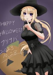 Rule 34 | black dress, black hat, blonde hair, dausagi, dress, ellen aice, finger to mouth, hair ornament, halloween, hat, highres, muv-luv, muv-luv: dimensions, muv-luv alternative, muv-luv unlimited: the day after, ponytail, purple eyes, shushing, witch hat