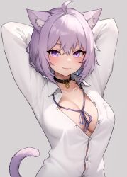 Rule 34 | 1girl, :3, absurdres, ahoge, animal collar, animal ear fluff, animal ears, arms behind head, arms up, black collar, bluefield, blush, breast pocket, breasts, cat ears, cat girl, cat tail, cleavage, closed mouth, collar, collarbone, collared shirt, crossed bangs, grey background, hair between eyes, highres, hololive, large breasts, long sleeves, looking at viewer, loose neck ribbon, neck ribbon, nekomata okayu, nekomata okayu (oversized shirt), o-ring collar, official alternate costume, partially unbuttoned, pocket, purple eyes, purple hair, purple ribbon, ribbon, shirt, short hair, simple background, smile, solo, tail, upper body, virtual youtuber, white shirt