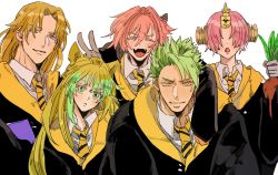 Rule 34 | 5boys, achilles (fate), animal ears, astolfo (fate), atalanta (fate), brown eyes, brown hair, chiron (fate), closed eyes, collared shirt, commentary, covered eyes, cowboy shot, fangs, fate/grand order, fate (series), frankenstein&#039;s monster (fate), green eyes, green hair, hair over eyes, harry potter (series), highres, hogwarts school uniform, horns, long hair, male focus, mandrake, matimatio, multicolored hair, multiple boys, necktie, open mouth, orange hair, pink hair, robe, school uniform, shirt, short hair, single horn, two-tone hair, v, wizarding world, yellow eyes