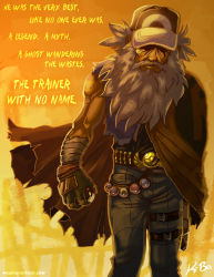 Rule 34 | 1boy, aged up, ash ketchum, bandages, bandolier, baseball cap, beard, belt, bullet, cape, covered eyes, cowboy western, creatures (company), dollars trilogy, english text, epic, facial hair, fingerless gloves, game freak, gen 1 pokemon, gloves, grey hair, gun, handgun, hat, holding, holding poke ball, holster, kevin bolk, male focus, man with no name, manly, muscular, nintendo, old, old man, parody, pikachu, pistol, poke ball, poke ball (basic), pokemon, pokemon (anime), pokemon (classic anime), pokemon (creature), solo, tattoo, thigh holster, torn cape, torn clothes, weapon