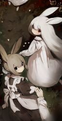 Rule 34 | 4girls, absurdres, apron, black dress, blood, bug, bun cover, butterfly, dress, expressionless, female focus, grass, grey hair, hair bun, highres, holding hands, insect, long dress, long hair, long sleeves, looking back, maid, maid apron, multiple girls, original, outdoors, rabbit ears, rabbit girl, red eyes, shirokujira, white dress, white hair