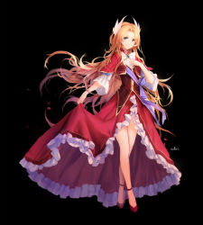 Rule 34 | 1girl, alfin reise arnor, artist name, black background, blonde hair, blue eyes, bow, bowtie, brooch, closed mouth, cropped jacket, dress, eiyuu densetsu, falcom, floating hair, frilled dress, frills, full body, hair ornament, hand on own chest, high heels, highres, jewelry, long hair, long sleeves, looking at viewer, red dress, red footwear, sash, sen no kiseki, simple background, skirt hold, smile, solo, standing, swd3e2, very long hair, white bow, white bowtie