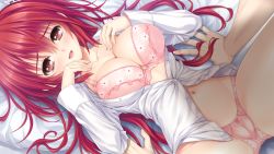 Rule 34 | 1girl, bed, blush, bra, breasts, cameltoe, cleavage, collarbone, game cg, kamio ami, large breasts, legs, long hair, looking at viewer, lying, male hand, navel, norita, open clothes, open mouth, panties, pillow, pink bra, pink panties, red eyes, red hair, semiramis no tenbin, shadow, smile, thighs, unbuttoned, underwear