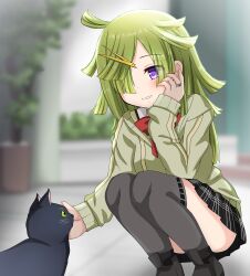 1girl aki_mabayu amy_(madoka_magica) cat green_hair green_sweater highres kokubo long_hair looking_at_animal magia_record:_mahou_shoujo_madoka_magica_gaiden mahou_shoujo_madoka_magica mitakihara_school_uniform one_eye_covered purple_eyes school_uniform scissors_hair_ornament solo_focus sweater