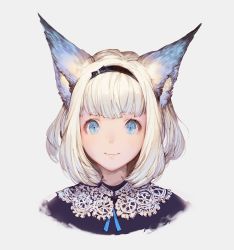 Rule 34 | 1girl, animal ears, black bow, black shirt, blue eyes, blue ribbon, bow, cat ears, hairband, lace, lips, looking at viewer, original, ribbon, shirt, short hair, silver background, simple background, smile, solo, wadanaka, white hair