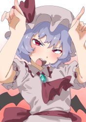 Rule 34 | 1girl, angry, ascot, bat wings, blue hair, collared shirt, facing viewer, fangs, flat chest, frilled shirt collar, frills, gradient background, grey hat, grey shirt, hair ribbon, hat, highres, horns pose, looking at viewer, mob cap, open mouth, puffy short sleeves, puffy sleeves, red ascot, red eyes, red ribbon, remilia scarlet, ribbon, shirt, short sleeves, sobayu to tenpura, solo, teeth, touhou, upper body, upper teeth only, waist ribbon, waist sash, wings