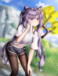 Rule 34 | 1girl, absurdres, alternate costume, arm support, bent over, black pantyhose, black shorts, blurry, bush, casual, cliff, clothes lift, collarbone, commentary request, contemporary, depth of field, double bun, genshin impact, hair between eyes, hair bun, hair ornament, highres, huge filesize, keqing (genshin impact), kuma piv, lifted by self, long hair, looking away, midriff, navel, pantyhose, parted lips, purple eyes, purple hair, shirt, shirt lift, short sleeves, shorts, sidelocks, solo, tree, twintails, white shirt, wiping sweat
