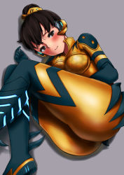 Rule 34 | 1girl, alternate costume, ass, b.va (overwatch), black hair, blush, bodysuit, boots, breasts, brown eyes, d.va (overwatch), fetal position, glowing, grey background, hair bun, hair up, headphones, highres, junebug (overwatch), junebug d.va, knee boots, legs up, looking at viewer, lying, medium breasts, on side, overwatch, overwatch 1, qzik, shadow, shiny clothes, simple background, single hair bun, skin tight, solo