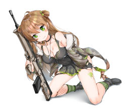 Rule 34 | 1girl, absurdres, ahoge, black footwear, black gloves, black shirt, black skirt, blush, boots, breasts, brown hair, bullpup, camouflage, camouflage jacket, choker, cleavage, closed mouth, collarbone, commentary, covered navel, dog tags, fingerless gloves, fishnet socks, fishnets, full body, fur trim, girls&#039; frontline, gloves, green eyes, green socks, gun, hair between eyes, hansal, head tilt, highres, jacket, kel-tec rfb, kneeling, large breasts, leaning forward, long hair, looking at viewer, open clothes, open jacket, pleated skirt, rfb (girls&#039; frontline), rifle, semi-automatic firearm, semi-automatic rifle, shirt, simple background, skirt, smile, socks, solo, striped clothes, striped socks, tank top, vertical-striped clothes, vertical-striped socks, very long hair, weapon, white background, zipper